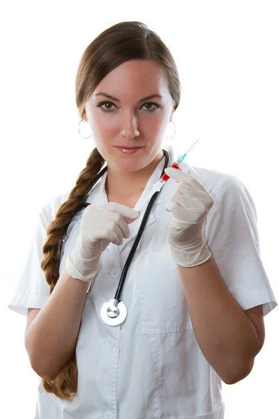 Ärztin oder Krankenschwester mit Spritze, isoliert auf weißem Hintergrund — Stockfoto