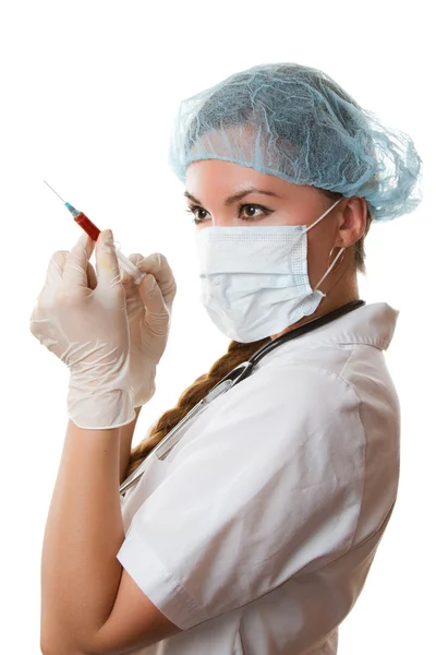 Female medical doctor or nurse with syringe, isolated on white background — Stock Photo, Image