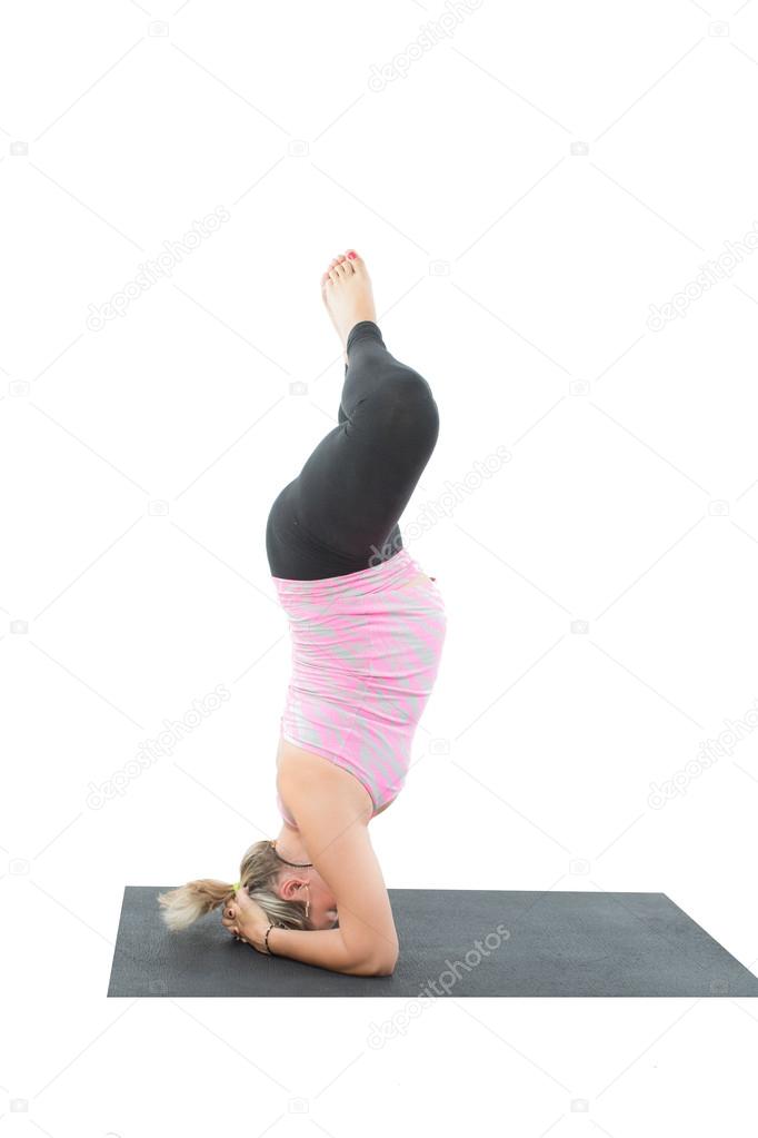 Pregnant fitness woman make stretch on yoga and pilates pose on white background The concept of Sport and Health