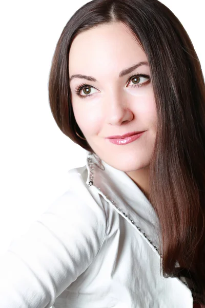 Portret van mooie vrouw met brunette haren op geïsoleerde witte achtergrond — Stockfoto