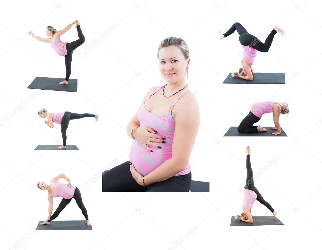 Collage of pregnant fitness woman make stretch on yoga and pilates pose on white background The concept of Sport and Health