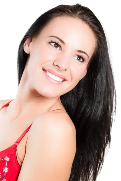 Portrait of beautiful woman with brunette hair on isolated white background — Stock Photo, Image