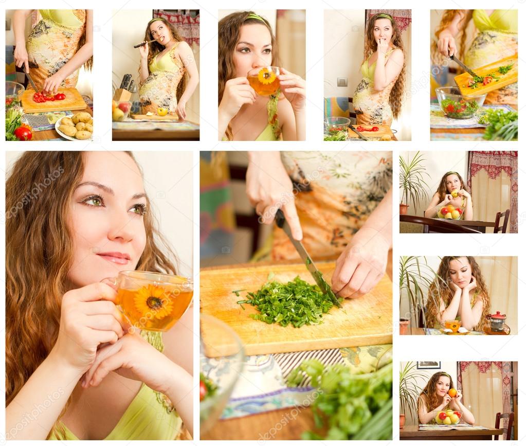 Collage of pregnant woman on kitchen with fresh vegetables.The concept of food and healthy lifestyle