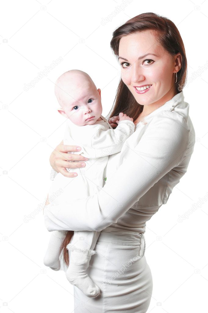 Happy mom and baby girl hugging on isolated