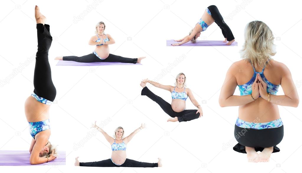 Collage of pregnant fitness woman make stretch on yoga pose