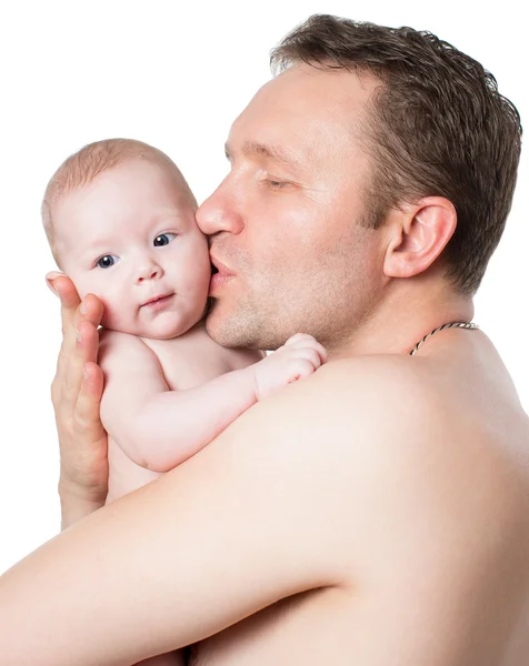 Baba ve çocuk bir kız izole beyaz zemin üzerine sarılma. bir çocuğun, anne baba veya aşk kavramı kullanan — Stok fotoğraf