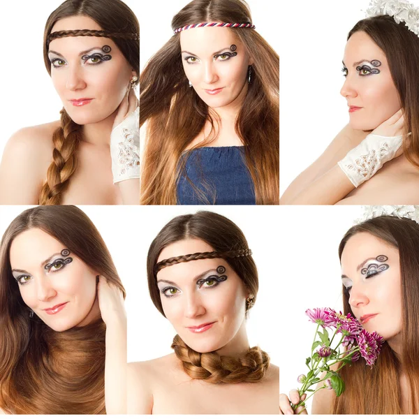Collage. mooie jonge vrouwen met stijlvolle creatieve make-up en lichaam kunst op witte achtergrond. make-up, fashion, schoonheid. — Stockfoto