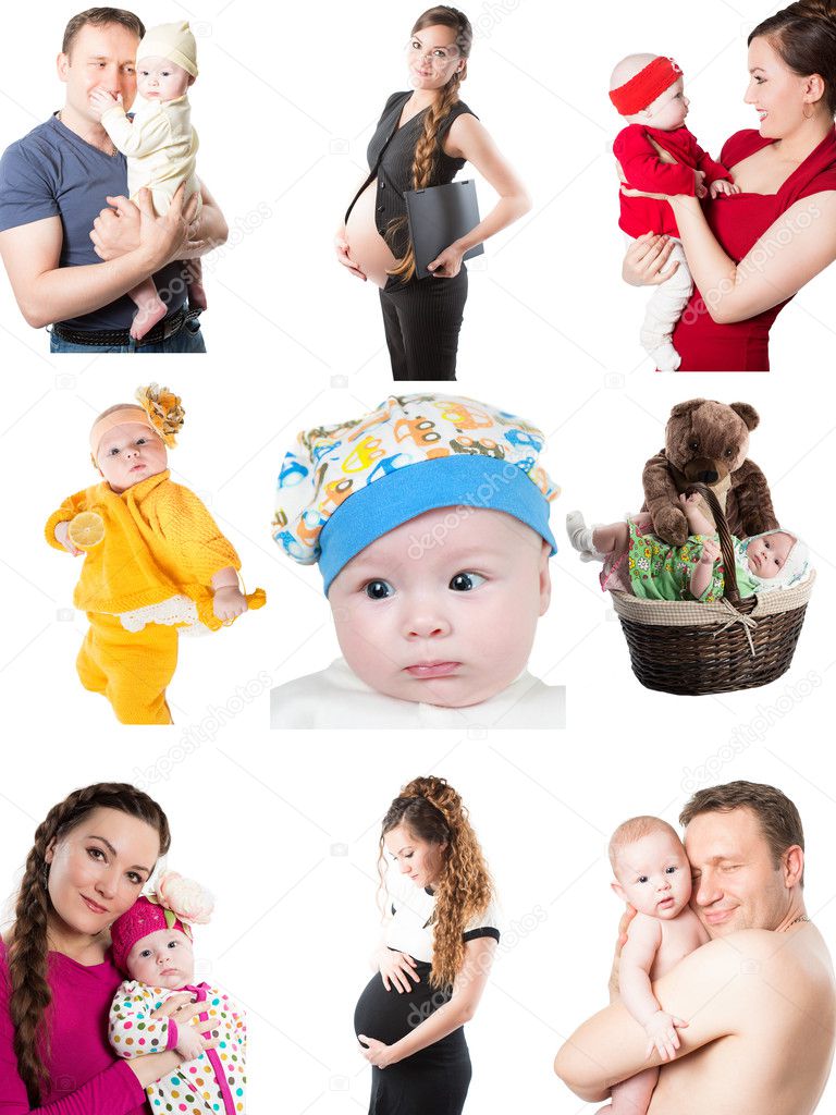 Collage of different photos of babies and father, mother. Family happy moments