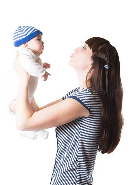Mãe e bebê menina no fundo branco isolado. Use-o para um conceito de criança, parentalidade ou amor — Fotografia de Stock