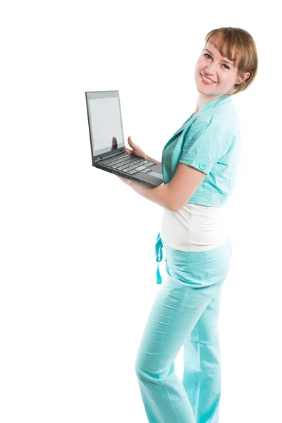 Donna d'affari di successo con computer portatile su sfondo bianco — Foto Stock