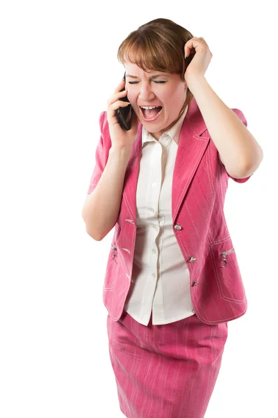 Leidenschaftliche aggressive Geschäftsfrau spricht und weint auf Handy, isolierter weißer Hintergrund — Stockfoto