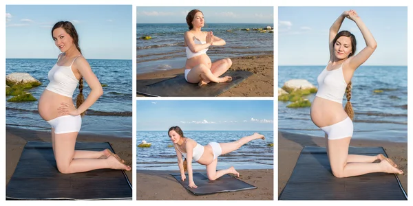 Collage de mujer embarazada en sujetador deportivo haciendo ejercicio en relajación en postura de yoga en el mar —  Fotos de Stock