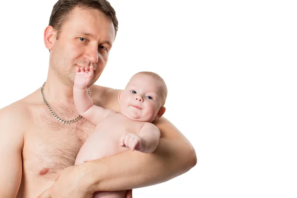 Pai feliz e bebê menina abraçando em fundo branco isolado Use-o para uma criança, parentalidade ou conceito de amor — Fotografia de Stock