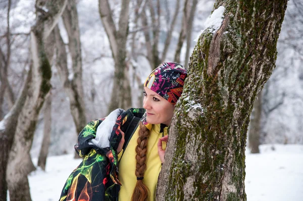 Beautiful woman in ski suit in snowy winter outdoors, Almaty, Kazakhstan, Asia — Stock Photo, Image