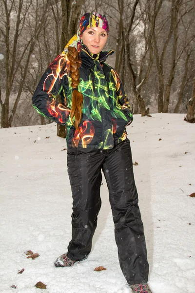 Beautiful woman in ski suit in snowy winter outdoors, Almaty, Kazakhstan, Asia — Stock Photo, Image