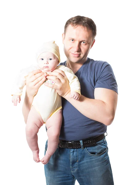 Glad pappa och baby flicka krama på isolerade vit bakgrund. — Stockfoto