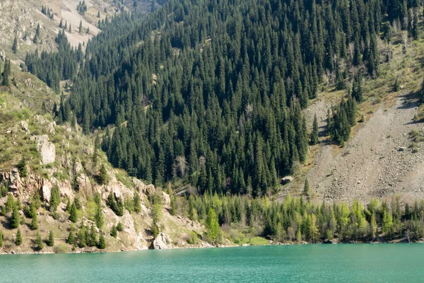 Panorama de Big Almaty Lake em ZaIli Alatau cadeia montanhosa perto de Almaty, Cazaquistão — Fotografia de Stock