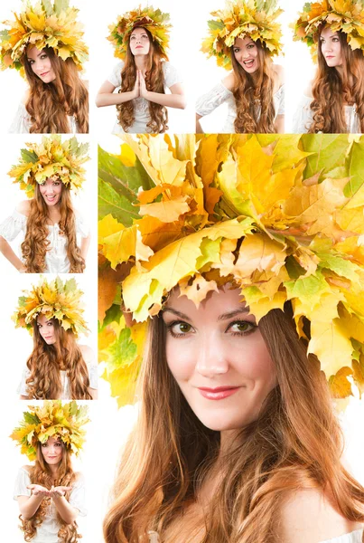 Hermosa mujer caída. Collage de retrato de niña con corona de otoño de hojas de arce en la cabeza sobre fondo blanco aislado —  Fotos de Stock