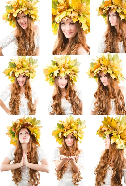 Beautiful fall woman. Collage of portrait of girl with autumn wreath of maple leaves on the head on isolated white background — Stock Photo, Image