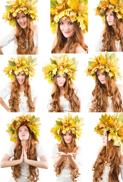 Hermosa mujer caída. Collage de retrato de niña con corona de otoño de hojas de arce en la cabeza sobre fondo blanco aislado —  Fotos de Stock