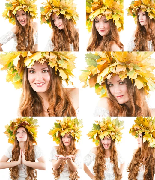 Hermosa mujer caída. Collage de retrato de niña con corona de otoño de hojas de arce en la cabeza sobre fondo blanco aislado —  Fotos de Stock