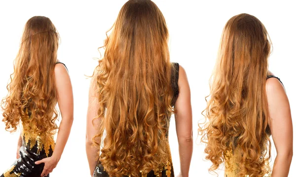Collage de coiffure à partir de longs cheveux bouclés du dos sur fond blanc isolé — Photo