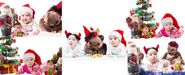 Collage of Santa baby girl and toy in Christmas on isolated white background. The concept of childhood and holiday New year — Stock Photo, Image