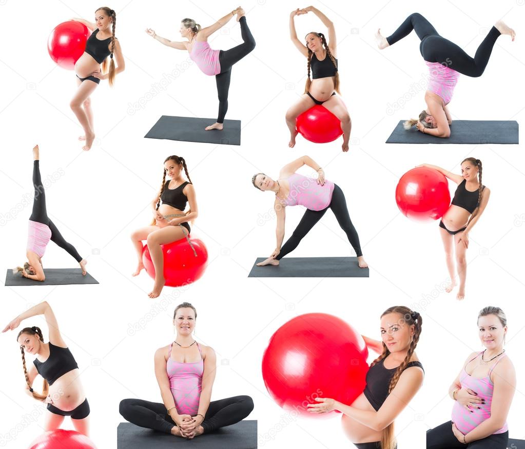 Collage of regnant fitness two women make stretch on yoga and pilates pose on white background The concept of Sport and Health