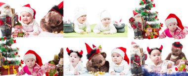 Noel Baba kız bebek ve oyuncak Noel izole beyaz zemin üzerine kolaj. Çocukluk ve tatil yeni yıl kavramı