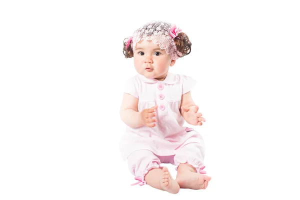 Little cute baby-girl in pink dress isolated on white background Use it for a child, parenting or love concept — Stock Photo, Image