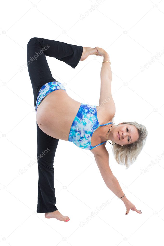 Pregnant fitness woman make stretch on yoga and pilates pose on white background The concept of Sport and Health