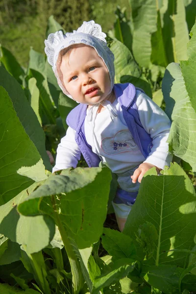 Smiling pretty little child girl in leaves of burdock in park — Stock Photo, Image