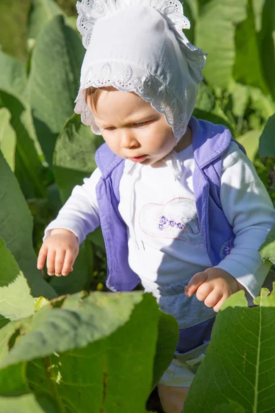Schattig klein babymeisje in groene gras op zomer, almaty, Kazachstan — Stockfoto
