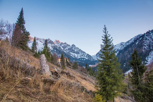 Панорама природы зеленые горы, снег и голубое небо в Чимбулаке Алматы, Казахстан — стоковое фото