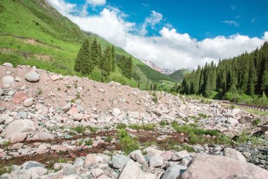 Büyük Almatı Gölü, doğanın Yeşil dağlar ve mavi gökyüzü yaz, Almatı, Kazakistan, Asya'da yolda