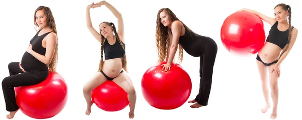 Collage van zwangere fitness vrouw doen oefening op fitball op witte achtergrond het concept van sport en gezondheid — Stockfoto