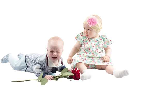 Bebê menino apresenta flor de rosa vermelha para menina bonito isolado no fundo branco. Presente em férias . — Fotografia de Stock