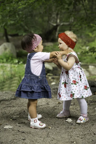 Two year-old adorable child girls playing on nature summer — Stock Photo, Image
