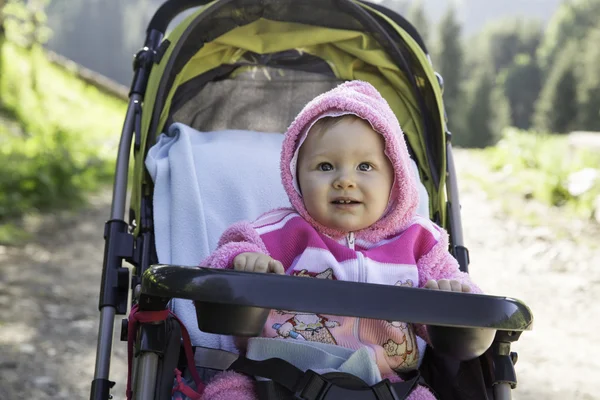 Smiling pretty little child girl in buggy on nature — Stock Photo, Image