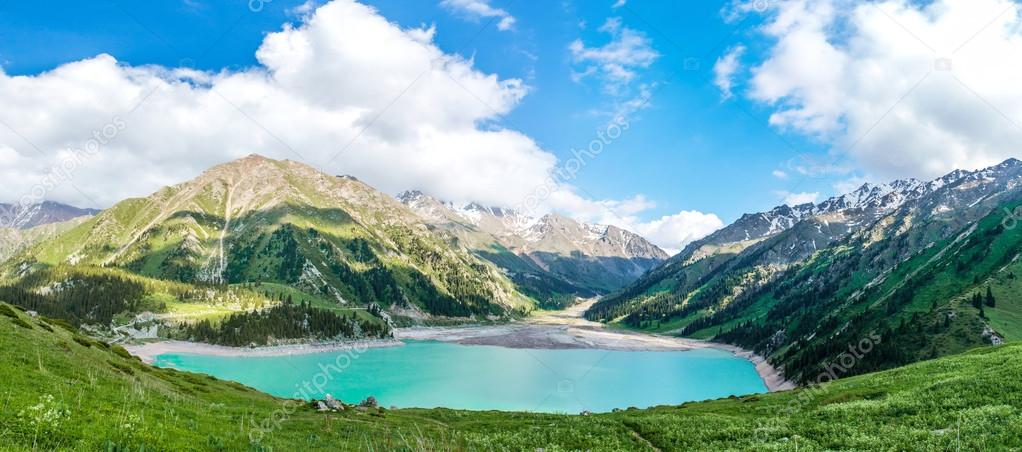 Panorama of spectacular scenic Big Almaty Lake ,Tien Shan Mountains in Almaty, Kazakhstan,Asia at summer