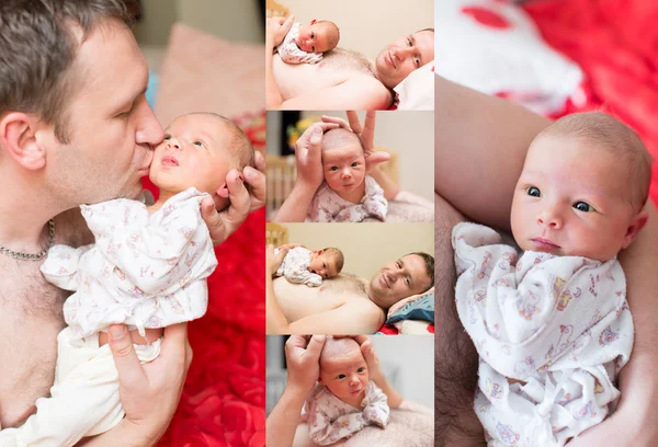 Collage of happy father and newborn baby daughter cuddling at home, Use it for a child, parenting or love concept — Stock Photo, Image