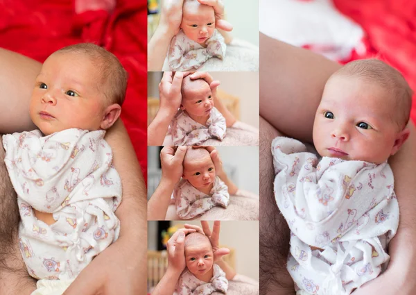 Collage van pasgeboren babymeisje op hand de vader thuis knuffelen. Gebruik het voor een kind, ouderschap of liefde concept — Stockfoto