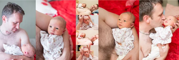 Collage of happy father and newborn baby daughter cuddling at home, Use it for a child, parenting or love concept — Stock Photo, Image