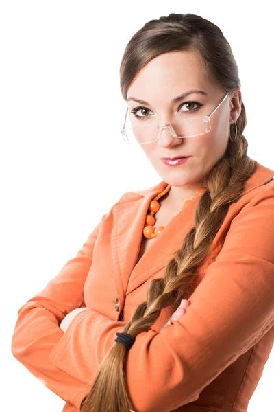 Portret van zakenvrouw met lonf haar geïsoleerd op een witte achtergrond. het concept van business en Financiën — Stockfoto