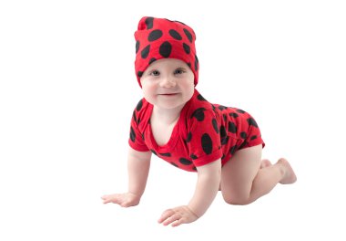 Pretty child boy, dressed in ladybug costume on white background. The concept of childhood and holiday