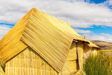 titicaca Gölü: puno, peru, Güney Amerika üzerinde yüzen ada thatched eve