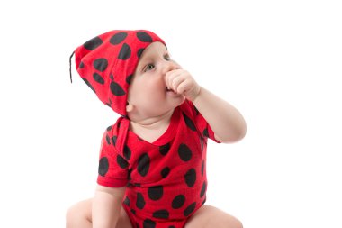 güzel bebek çocuk, beyaz zemin üzerine ladybug Kostüm giymiş. Çocukluk ve tatil kavramı