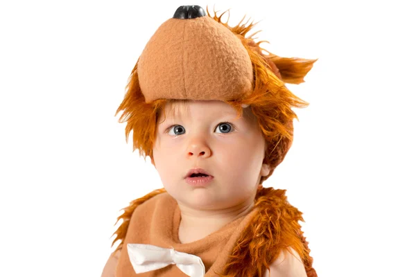 Adorable baby girl,dressed in furry teddy bear carnival suit, isolated on white background. The concept of childhood and holiday — Stock Photo, Image