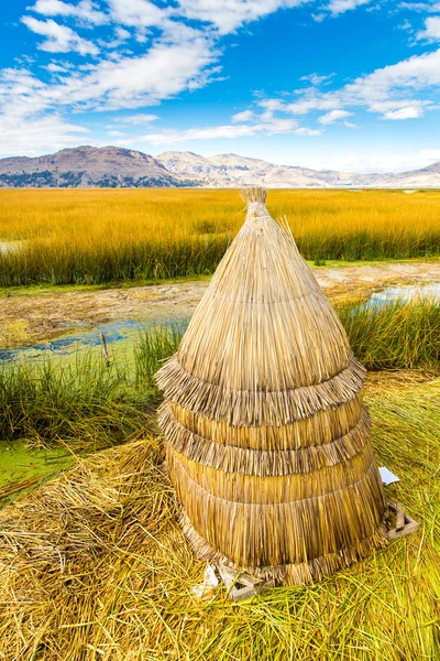 Titicaca Gölü: puno, peru, Güney Amerika, eve thatched üzerinde yüzen ada. bitkiler yoğun kök dokumak yaklaşık bir-iki adalar destekleyen metre kalınlığında khili denilen formu doğal katmanı — Stok fotoğraf