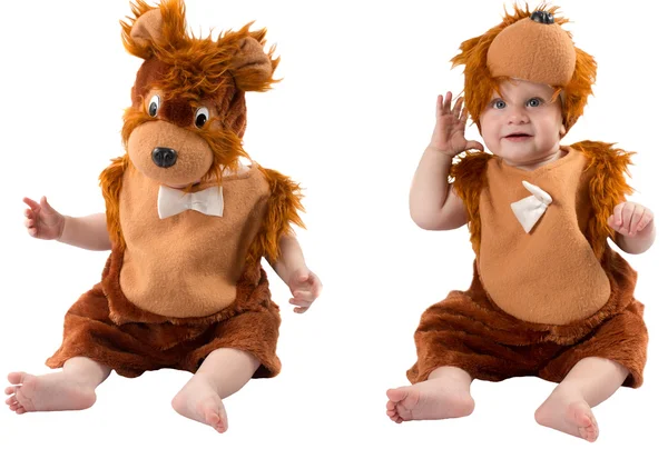 Adorable baby boy,dressed in furry teddy bear carnival suit, isolated on white background. The concept of childhood and holiday — Stock Photo, Image